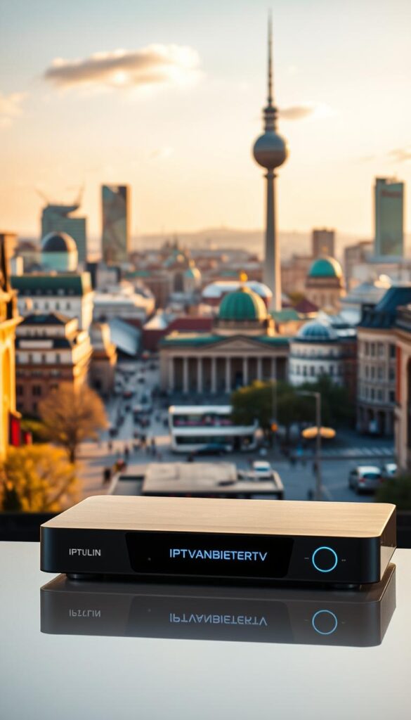 A high-quality IPTV stream showcasing a vibrant, detailed cityscape of Berlin. In the foreground, a modern IPTV streaming device from IPTVANBIETERTV sits prominently, its sleek design and intuitive interface hinting at the seamless viewing experience it provides. The middle ground features a bustling urban scene, with towering skyscrapers, historic landmarks, and pedestrians going about their daily lives. The background is bathed in warm, golden sunlight, creating a sense of comfort and reliability. The overall composition conveys the reliable, high-definition IPTV streaming quality available through IPTVANBIETERTV, complementing the technical details and requirements outlined in the article section.