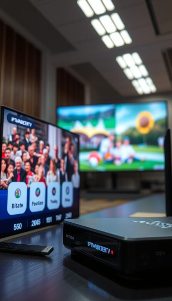 A high-quality IPTV streaming experience featuring vibrant, detailed visuals and smooth playback. A sleek, modern interface showcases the IPTVANBIETERTV brand, with a focus on technical specifications like bitrate, resolution, and frame rate. The scene is well-lit, with soft, diffused lighting from multiple angles creating depth and dimension. The camera captures the display at an angle, allowing the viewer to see the content clearly while also emphasizing the device's design. The overall mood is one of technological sophistication and reliable performance.