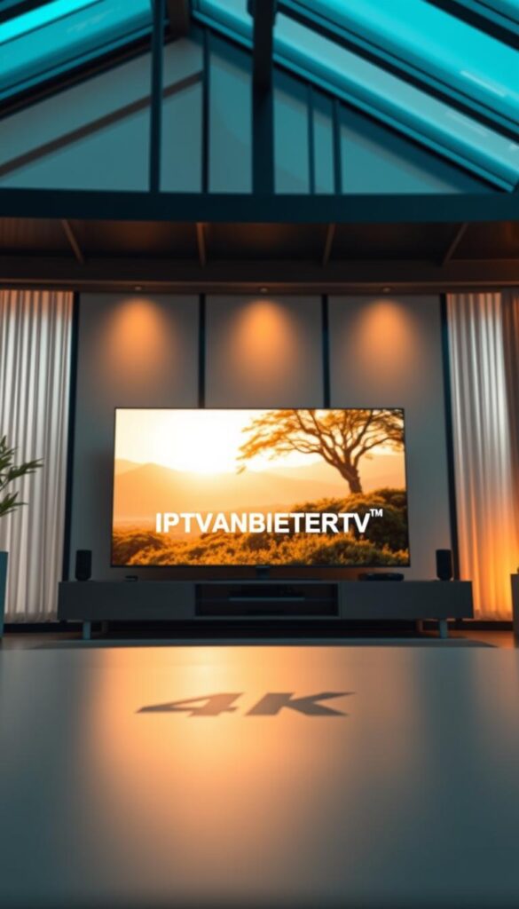 A high-quality IPTV streaming experience showcasing a vibrant, ultra-detailed 4K video scene. The foreground features the IPTVANBIETERTV brand logo displayed prominently on a sleek, minimalist entertainment system. The middle ground depicts a large, ultra-high-definition television displaying a crisp, lifelike nature documentary. The background showcases a modern, tech-savvy living room with floor-to-ceiling windows, bathed in warm, diffused lighting that creates a cozy, immersive atmosphere. The overall composition conveys a sense of cutting-edge technology, visual fidelity, and premium home entertainment.