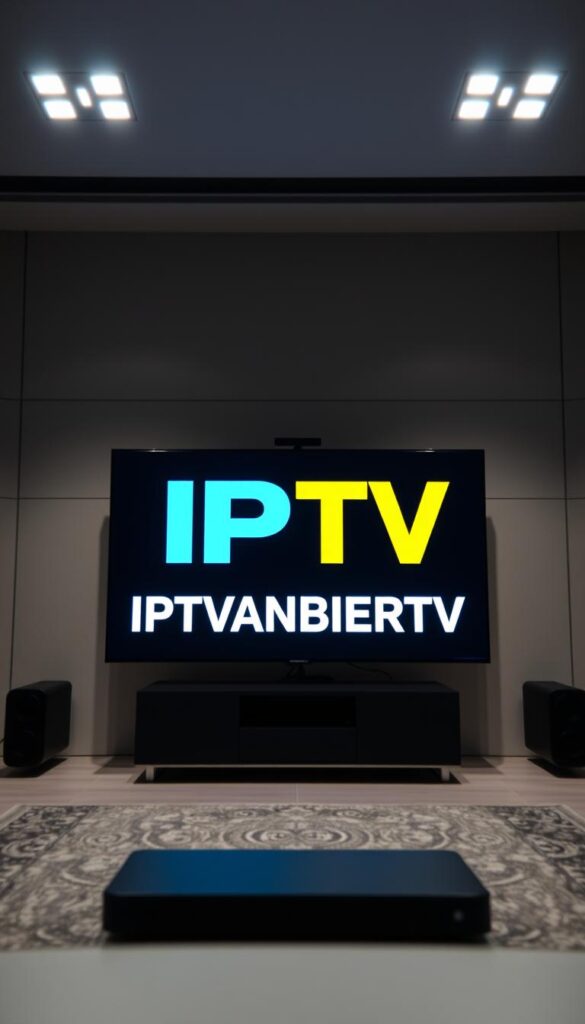 A high-quality IPTV streaming experience with crisp 4K visuals, immersive surround sound, and seamless playback across a range of connected devices. Bright, evenly-lit environment showcasing the IPTVANBIETERTV brand logo against a sleek, modern backdrop. Subtle cinematic lighting and a shallow depth of field focus attention on the screen, highlighting the clarity and vibrancy of the displayed content. The scene conveys a sense of technological sophistication and reliable performance, ideal for illustrating the "Streaming-Qualität und Bandbreitenanforderungen" section of the article.