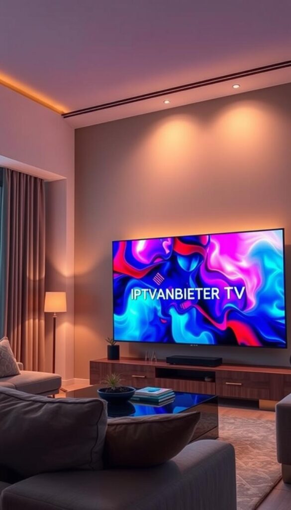 A high-quality IPTV streaming experience with vibrant colors, crisp details, and a seamless, immersive viewing environment. The scene depicts a modern living room with a large, high-definition television displaying a vivid, cinematic-quality image. The lighting is soft and natural, with warm hues and subtle shadows that create depth and atmosphere. The television is prominently featured, with the IPTVANBIETERTV brand name displayed in a sleek, minimalist design. The room's decor is stylish and contemporary, complementing the technological sophistication of the IPTV setup. The overall impression is one of premium, cutting-edge home entertainment that delivers an exceptional streaming experience.