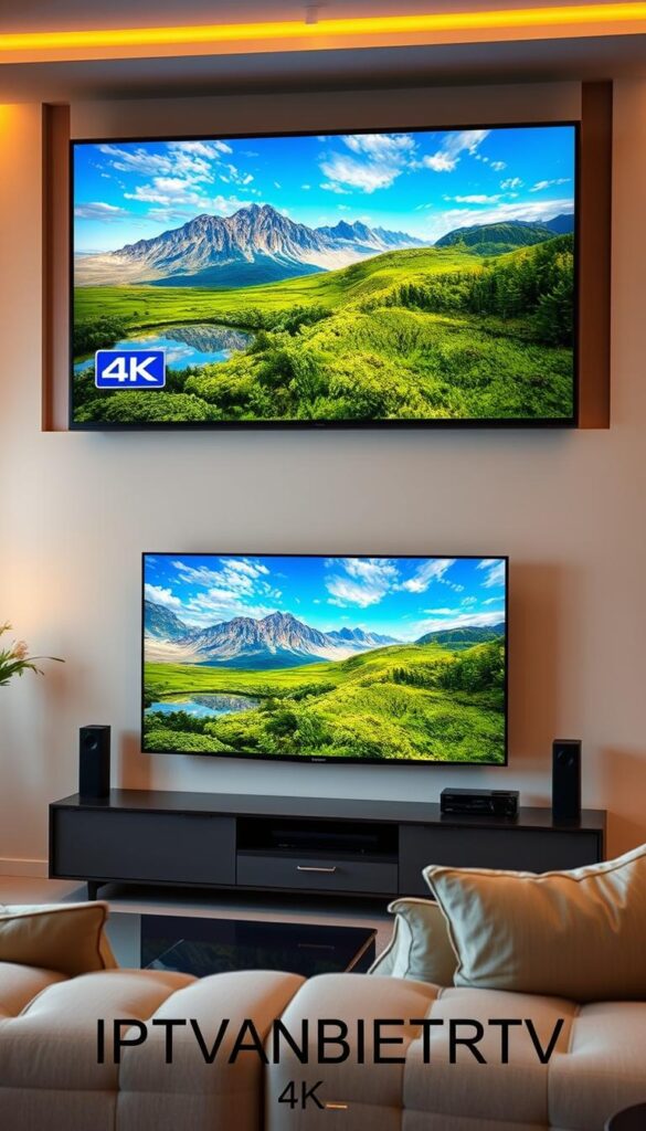 A high-quality IPTV streaming experience with vibrant colors, crisp details, and seamless playback. A living room setting with a large 4K TV displaying a crystal-clear nature scene, accompanied by the IPTVANBIETERTV brand logo subtly positioned in the corner. Warm, diffused lighting creates a cozy ambiance, while a sleek media center and comfortable furniture suggest a premium home entertainment setup. The scene conveys the reliability, visual fidelity, and user-friendly nature of the IPTV service.