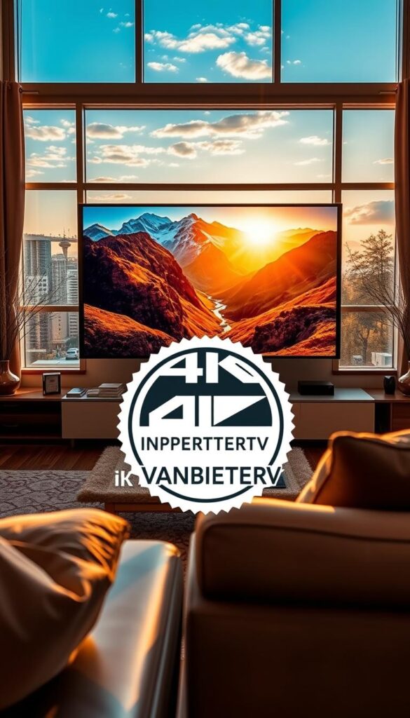 A high-quality IPTV streaming experience with vibrant, sharp imagery and smooth playback. A modern living room setup with a large flatscreen TV displaying a striking 4K landscape, bathed in warm, natural lighting through large windows. The IPTVANBIETERTV logo prominently featured, conveying a sense of premium quality and reliability. The scene exudes a cozy, immersive atmosphere, inviting the viewer to sit back and enjoy an exceptional IPTV service.
