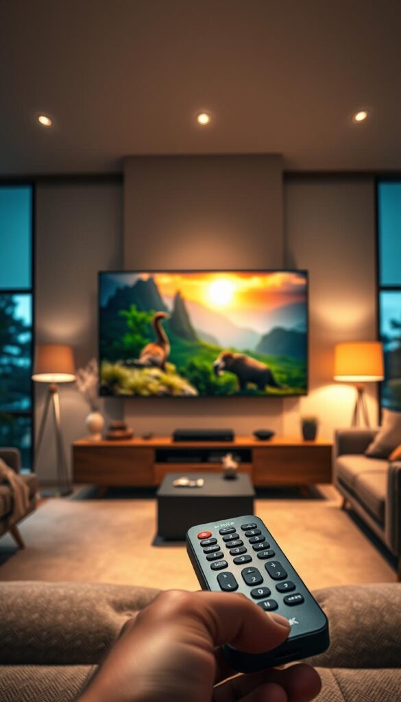 A high-quality IPTV streaming experience with vivid colors, sharp details, and smooth playback. The scene depicts a living room with a large 4K television displaying a vibrant, high-definition nature documentary. Soft, warm lighting from floor lamps creates a cozy atmosphere, while the foreground showcases the IPTVANBIETERTV remote control, demonstrating the ease of use and control. The middle ground features a modern, minimalist entertainment center housing the IPTV streaming device. In the background, large windows allow natural light to flood the room, creating a sense of openness and connectivity. The overall mood is one of comfort, technology, and immersive entertainment.