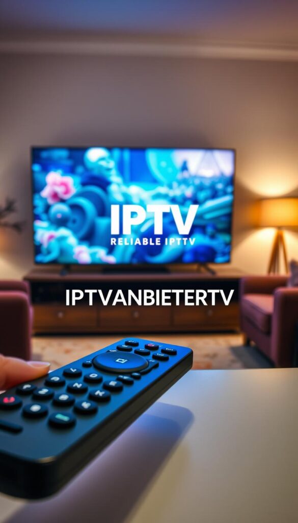 A high-quality IPTV streaming experience with vivid, lifelike visuals and seamless playback. A cozy living room scene with a large, ultra-high-definition TV displaying crisp, vibrant content. Soft, warm lighting illuminates the room, creating a comfortable and immersive atmosphere. In the foreground, a sleek, modern remote control representing the ease of use and control over the IPTV service. The middle ground features the IPTVANBIETERTV logo, prominently showcasing the reliable and trustworthy provider. The background subtly suggests the breadth of content available, with hints of different genres and channels. Overall, the image conveys the superior streaming quality, reliability, and user-friendliness of the IPTVANBIETERTV service.