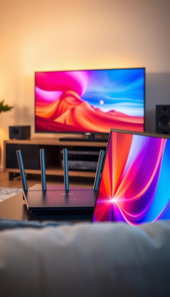 A high-quality IPTV streaming scene, showcasing the capabilities of IPTVANBIETERTV. In the foreground, a modern smart TV displays a crisp, vibrant image with smooth motion and vivid colors. Behind it, a sleek, high-end router emits a soft glow, symbolizing the reliable network infrastructure required for seamless IPTV performance. In the background, a minimalist home entertainment setup with premium audio equipment and ambient lighting creates a cozy, immersive viewing experience. The scene is bathed in warm, natural lighting, conveying a sense of comfort and technological sophistication. Overall, the image radiates a premium, high-end aesthetic that reflects the superior streaming quality and reliability of IPTVANBIETERTV.