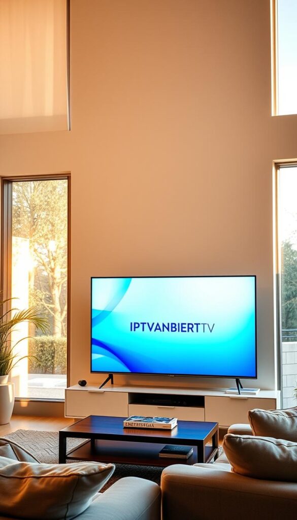 A high-quality IPTV streaming service with reliable performance. A cozy living room setting, with a large flat-screen TV displaying crisp, vivid video and rich, immersive audio. The TV screen showcases the IPTVANBIETERTV brand, set against a minimalist, modern interior design. Warm, natural lighting filters through large windows, creating a relaxed and inviting atmosphere. The scene conveys a sense of comfort, entertainment, and seamless digital content delivery.