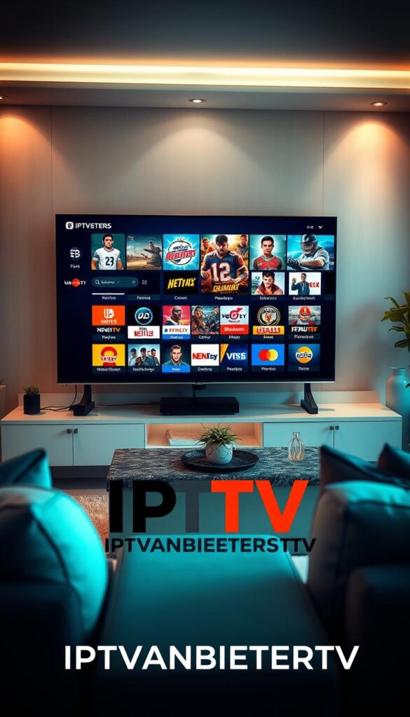 A high-quality IPTV streaming service with vibrant, detailed visuals and seamless playback. A modern living room setup with a large, high-definition TV displaying a varied selection of premium channels. The scene is softly lit, creating a cozy, immersive atmosphere. IPTVANBIETERTV logo prominently featured, conveying a sense of reliability and professionalism. The overall impression is one of a sophisticated, cutting-edge IPTV experience that caters to discerning viewers.