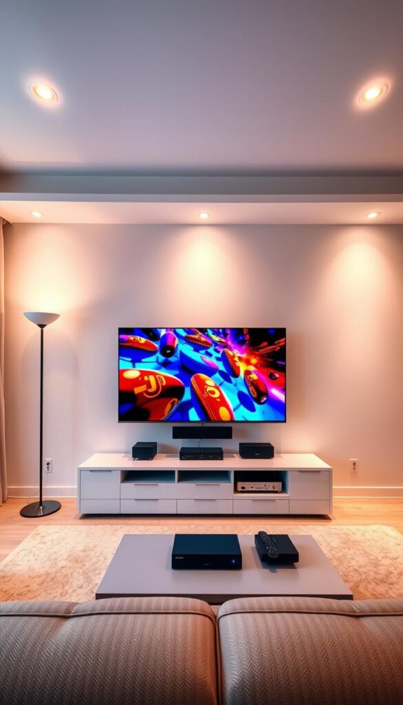 A high-quality IPTV streaming setup with the IPTVANBIETERTV brand, showcasing a modern living room interior with a large flatscreen TV displaying a vibrant, crisp image. Soft, warm lighting from floor lamps and recessed ceiling fixtures creates a cozy, inviting atmosphere. The room is minimalist yet stylish, with clean lines and neutral tones complementing the vivid video content. The TV stand has discreet media equipment neatly arranged, reflecting the technical capabilities required for seamless IPTV streaming across multiple devices.