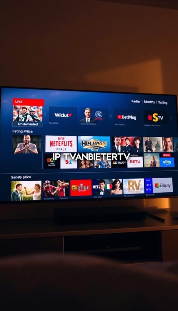 A high-quality IPTV subscription displayed on a modern, minimalist device such as a smart TV or streaming box. The interface is sleek and user-friendly, showcasing a wide variety of live TV channels and on-demand content at an affordable monthly price. The brand name "IPTVANBIETERTV" is prominently featured in the center, with a clean, sans-serif font. The lighting is warm and natural, creating a cozy, inviting atmosphere. The camera angle is slightly elevated, giving a sense of quality and sophistication. The overall mood is one of accessibility, value, and the convenience of cutting-edge IPTV technology.