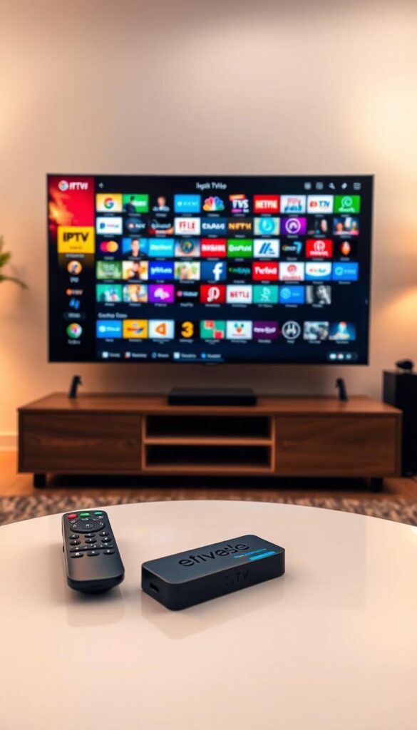 A high-quality IPTV subscription from IPTVANBIETERTV.com, offering a vast selection of channels in a sleek, modern interface. The image depicts a living room setup, with a large flatscreen TV taking center stage, displaying a vibrant, diverse array of programming. In the foreground, a remote control and a streaming device sit on a minimalist coffee table, hinting at the seamless integration of technology. The lighting is warm and inviting, creating a cozy atmosphere. The background showcases a stylish, open-concept space, suggesting the convenience and versatility of this premium IPTV service across multiple devices.