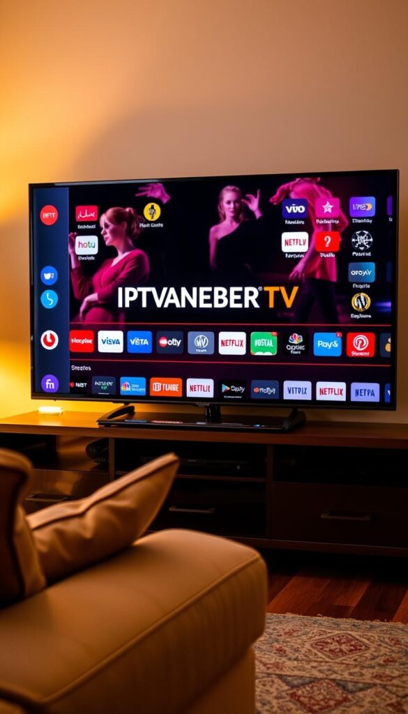 A high-quality IPTV subscription with an array of channels displayed on a sleek, modern smart TV in a cozy living room. The TV screen shows the IPTVANBIETERTV brand logo against a backdrop of various streaming icons and app logos. Warm, soft lighting illuminates the scene, creating a comfortable and inviting atmosphere. The TV is positioned prominently, drawing the viewer's attention to the entertainment possibilities of an IPTV subscription. The overall composition highlights the convenience and enjoyment of accessing a diverse range of content on a smart TV through an IPTV service.