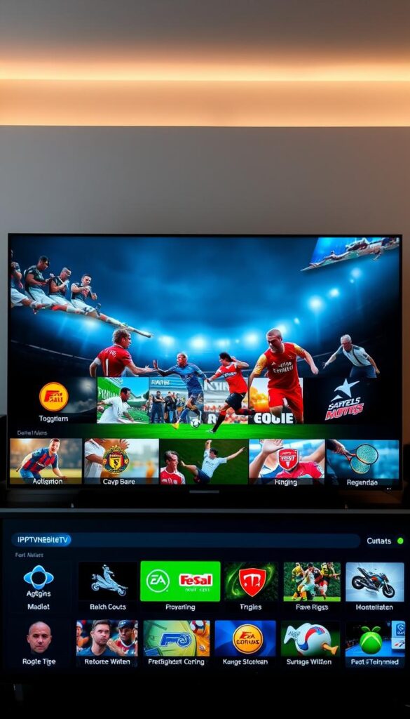 A high-quality, cinematic image depicting a comprehensive selection of popular IPTV sports channels. The foreground showcases a sleek, modern IPTVANBIETERTV user interface with vibrant channel logos and program information. The middle ground features various sports disciplines such as soccer, basketball, tennis, and motorsports, each represented by dynamic action shots. The background subtly suggests a sophisticated entertainment setup, with subtle lighting and a hint of a high-tech media room. The overall composition conveys the breadth and quality of the IPTV Deutschland sports channel offering, creating a visually compelling and informative representation of the subject.