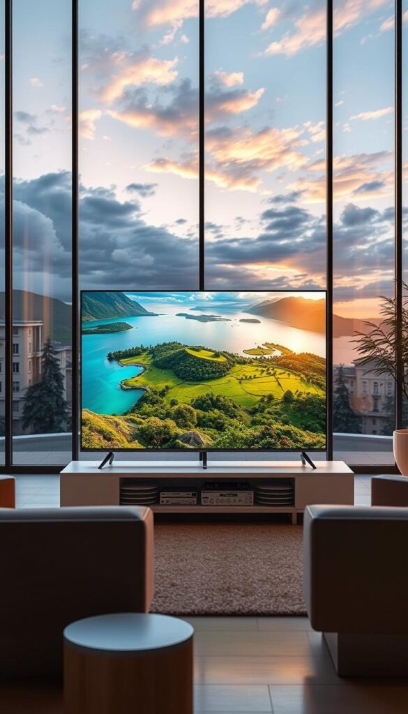 A high-quality, cinematic image of "IPTV Bildqualität" that showcases the superior streaming performance and visual clarity of IPTVANBIETERTV. Set in a modern, minimalist interior with sleek, minimalist furniture and large windows, the scene is bathed in warm, natural lighting that enhances the vibrant colors and crisp details of the displayed content on a high-resolution smart TV. The TV screen prominently features a vivid, detailed landscape scene with lush greenery, crystal-clear water, and dramatic skies, demonstrating the exceptional image quality and true-to-life visuals enabled by IPTVANBIETERTV's advanced video encoding and streaming technologies.