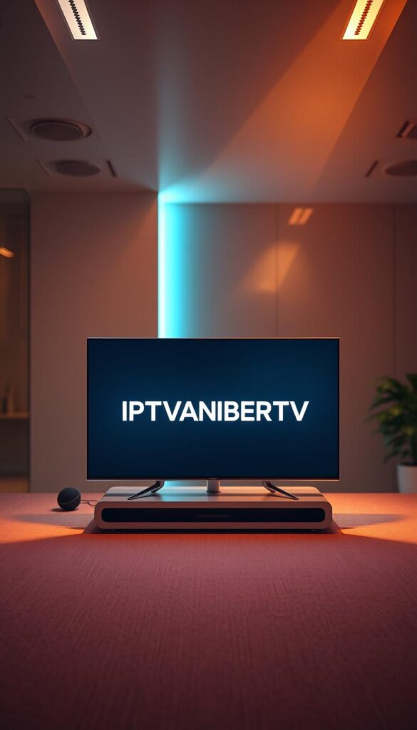 A high-quality, cinematic image of "IPTV Technology". Set in a modern, minimalist office environment, the scene features a sleek, futuristic display showing the IPTVANBIETERTV brand logo in the center. The display is bathed in warm, directional lighting, casting subtle shadows and highlights across the minimalist workspace. The background is blurred, suggesting a sense of depth and focus on the display. The overall mood is one of technological sophistication and innovation, perfectly capturing the essence of IPTV as an emerging entertainment medium.