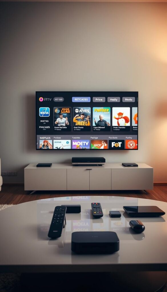 A high-quality, cinematic image of a range of attractive IPTV packages from the provider IPTVANBIETERTV. The scene depicts a sleek, modern living room with a large flatscreen TV mounted on the wall. On the TV screen, a selection of IPTV packages is displayed, showcasing their channel lineups, prices, and key features. In the foreground, an elegant coffee table holds various remote controls and smart devices, hinting at the seamless integration of IPTV technology into the home entertainment setup. The room is bathed in warm, diffused lighting, creating a cozy and inviting atmosphere. The overall composition emphasizes the convenience, quality, and value proposition of IPTVANBIETERTV's IPTV offerings for the German market.
