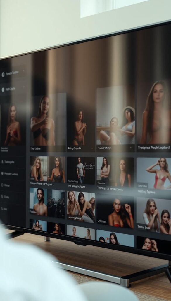 A high-quality cinematic image of an IPTVANBIETERTV branded adult entertainment channel interface, showcasing a clean and modern user experience. The interface features a grid layout with large, high-resolution thumbnails of various adult content titles, each with a short descriptive title. The overall color palette is muted, with shades of gray, black, and subtle accent colors. The layout is responsive, adapting to different screen sizes. The scene is illuminated by natural, soft lighting, creating a warm and inviting atmosphere. The camera angle is slightly elevated, providing a comprehensive view of the interface. The image conveys a sense of professionalism and attention to detail, reflecting the premium nature of the IPTVANBIETERTV service.