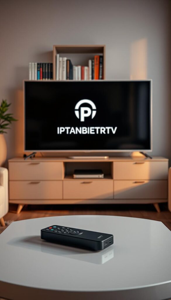 A high-quality, cinematic image of the IPTV Abonnement concept. Set in a modern, cozy living room, a sleek television takes center stage, showcasing the IPTVANBIETERTV brand logo. Soft, warm lighting illuminates the scene, creating a welcoming atmosphere. In the foreground, a remote control and a streaming device sit atop a minimalist coffee table, suggesting the convenience of the IPTV service. The background features a bookshelf filled with various media, hinting at the wide range of content available through the IPTV Abonnement. The overall composition conveys the comfort, accessibility, and entertainment provided by the IPTV subscription service.