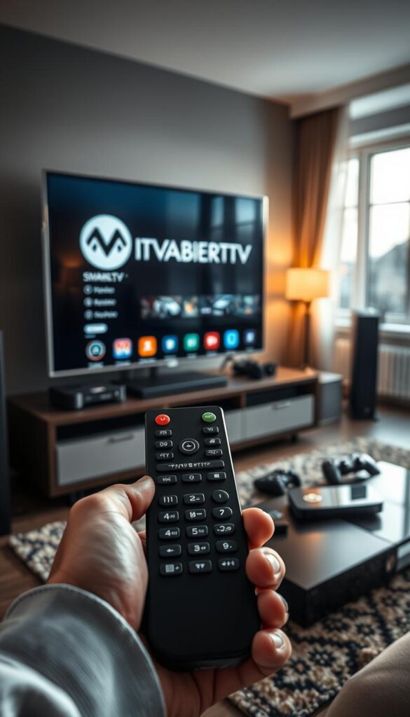 A high-quality, cinematic image showcasing the IPTVANBIETERTV brand as the premier IPTV provider in Germany. The scene depicts a modern, well-equipped home entertainment setup, with a large flat-screen TV taking center stage. The TV displays a sleek user interface, highlighting the IPTVANBIETERTV logo and branding. In the foreground, a hand holds a high-end remote control, emphasizing the ease of use and control. The middle ground features various streaming devices, such as a smart TV box and a gaming console, all connected to the IPTV service. The background is a cozy, well-lit living room, with large windows letting in natural light and creating a warm, inviting atmosphere. The overall composition conveys a sense of sophistication, reliability, and the seamless integration of IPTVANBIETERTV into the user's daily life.