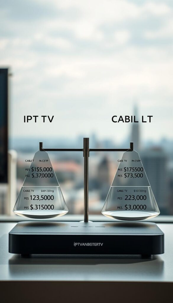 A high-quality comparison of IPTV and cable TV costs, shot with a professional camera and natural lighting. In the foreground, sleek modern devices representing IPTV and cable TV set-top boxes. In the middle ground, balanced visual scales weighing the costs of each service, with detailed pricing breakdowns. In the background, a soft blurred cityscape, hinting at the availability of these services across Germany. The mood is informative and analytical, encouraging the viewer to make an informed decision. The IPTVANBIETERTV brand is prominently featured on the IPTV device.