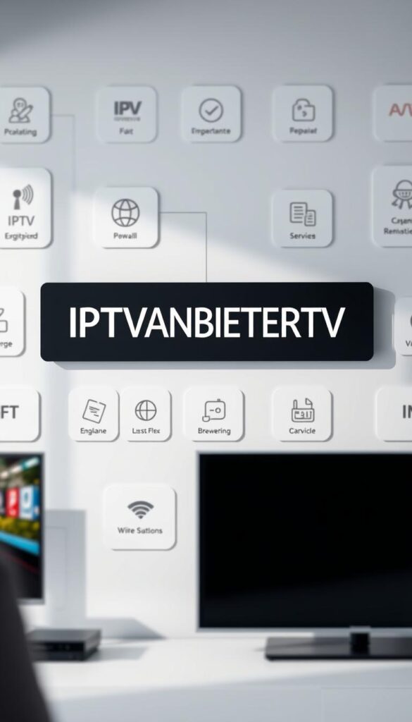 A high-quality comparison of IPTV providers in Germany, featuring a sleek and modern design. The image showcases the IPTVANBIETERTV brand prominently in the center, surrounded by various IPTV service icons and information panels. The layout is clean and balanced, with a neutral color palette of grays, whites, and blues, creating a professional and trustworthy atmosphere. Subtle shadows and highlights add depth and dimension, while a soft focus in the background gently blurs the edges, drawing the viewer's attention to the key details. The overall composition conveys a sense of authority and expertise in the IPTV provider landscape.