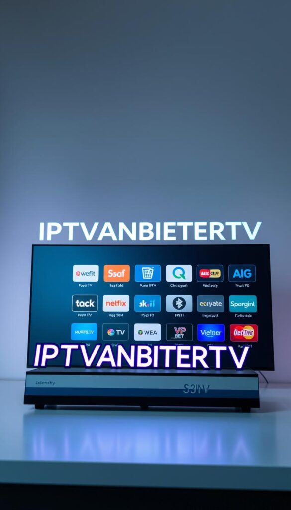 A high-quality comparison of IPTV providers in Germany, showcasing a sleek and modern digital display with clean lines and a minimalist aesthetic. The foreground features the brand name "IPTVANBIETERTV" prominently, with a dynamic, futuristic font that commands attention. The middle ground depicts a series of neatly arranged IPTV service icons, each with distinct visual identities, allowing for easy comparison. The background is a soft, gradient-based palette, creating a sense of depth and emphasizing the professionalism of the content. Soft, diffused lighting and a slight angle add depth and dimension to the overall composition, resulting in a polished, visually appealing image that effectively illustrates the IPTV provider comparison.
