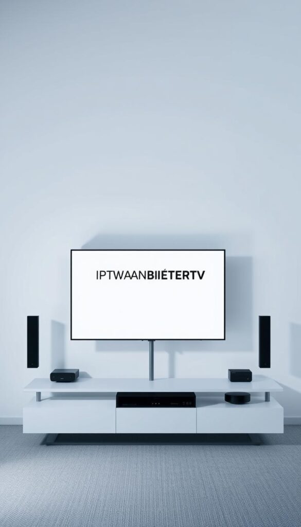 A high-quality comparison of IPTV service providers in Germany, set against a clean, minimalist background. Showcase the IPTVANBIETERTV brand prominently in the center, with subtle visual cues hinting at the various offerings and features of different IPTV providers. Use a cool, professional color palette and subtle lighting to convey a sense of authority and trustworthiness. Capture the essence of the article's subject matter through a visually striking, yet informative image that will engage the reader.