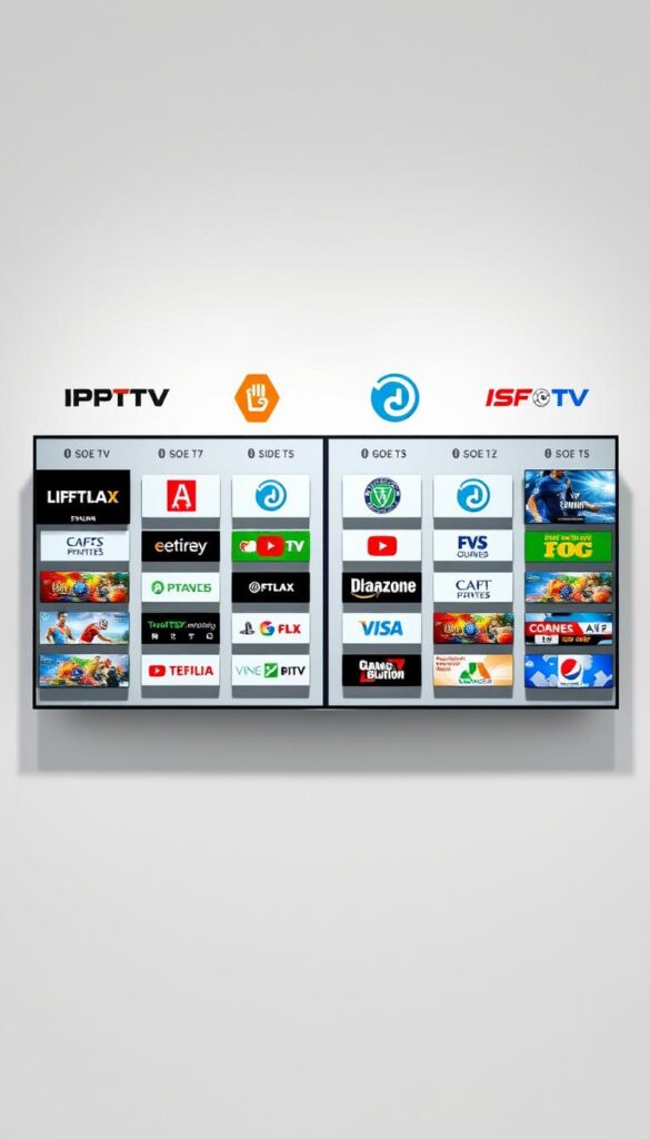 A high-quality comparison of IPTV subscription sports channels in Germany, showcasing the IPTVANBIETERTV brand. The image depicts a clean, modern arrangement of various IPTV service icons, logos, and channel thumbnails, neatly organized against a minimalist, light-colored background. The layout is visually appealing, highlighting the key differences and features of the IPTV providers in a clear, informative manner. Crisp, high-resolution rendering with a professional, editorial-style aesthetic, suitable for use in an article about the best IPTV options for sports enthusiasts in the country.