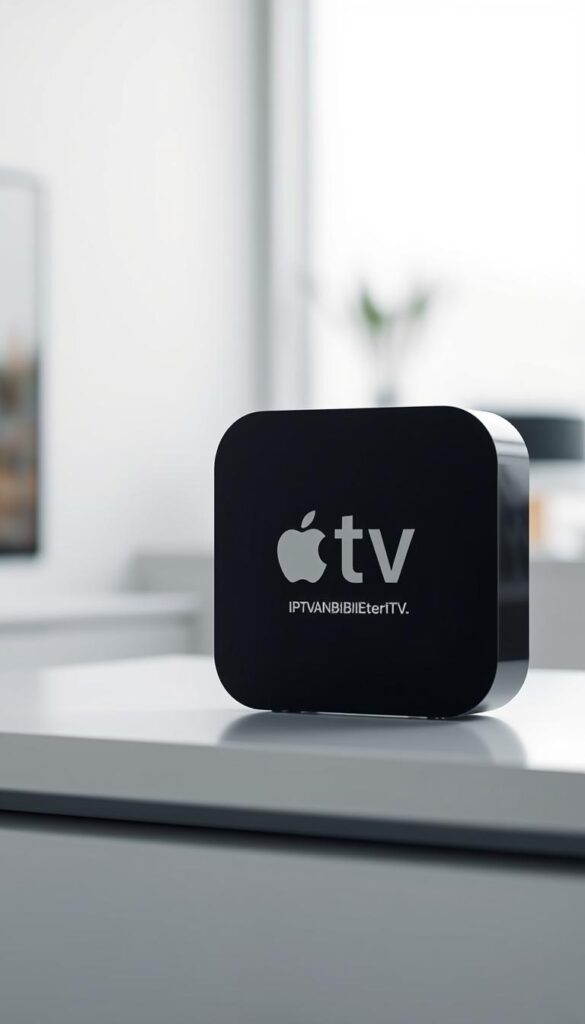 A high-quality, crisp, and detailed image of an Apple TV device prominently displayed in the foreground, showcasing the IPTVANBIETERTV brand logo and service offerings. The device is positioned on a sleek, minimalist surface, with a softly lit, modern and sophisticated background, conveying a sense of premium quality and reliability. The image should evoke a sense of simplicity, elegance, and the seamless integration of IPTV technology with the Apple TV platform, appealing to tech-savvy users in Germany.