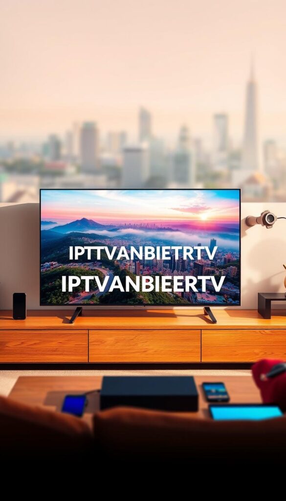 A high-quality, crisp digital illustration depicting a reliable IPTV subscription service. In the foreground, a sleek, modern smart TV displays a vibrant, crystal-clear video stream. The TV is placed on a minimalist, wooden entertainment unit, surrounded by various smart devices like smartphones and tablets, all seamlessly connected. The middle ground showcases the IPTVANBIETERTV logo, prominently displayed in a bold, clean font. In the background, a serene, slightly blurred cityscape with skyscrapers and infrastructure, representing the reliable, high-speed internet connectivity required for a stable IPTV experience. The scene is bathed in warm, natural lighting, creating a sense of trust and reliability. The overall composition conveys the key attributes of a dependable IPTV subscription service: multiple device compatibility, sharp video quality, and a robust, well-established provider.
