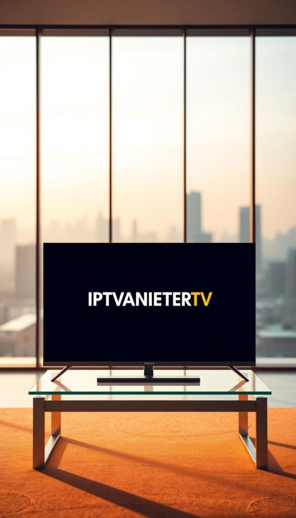 A high-quality, crisp digital image of a sleek, modern television screen displaying the IPTVANBIETERTV brand logo. The screen is situated on a minimalist, glass-topped table with clean lines, bathed in warm, soft lighting from above. The background is a tranquil, blurred cityscape visible through a large window, conveying a sense of urban sophistication. The overall scene exudes a professional, trustworthy atmosphere, reflecting the reliable and high-performing nature of the IPTVANBIETERTV streaming service.