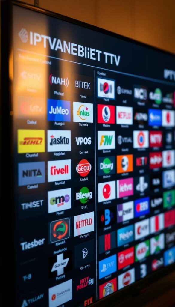 A high-quality, detailed IPTV channel list for Germany, showcasing a wide array of entertainment options. The image features a sleek, modern interface with a dark, minimalist aesthetic, highlighting the IPTVANBIETERTV brand prominently. The layout presents the channel selections in a clear, organized manner, with vivid, high-definition icons and logos for each network. The composition utilizes a shallow depth of field, keeping the channel list in sharp focus while the background is softly blurred, creating a sense of depth and visual interest. Warm, subtle lighting illuminates the scene, conveying a premium, professional feel. The overall mood is one of sophistication and comprehensive entertainment possibilities for the discerning IPTV user in Deutschland.