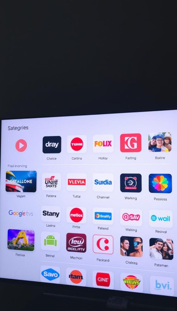 A high-quality, detailed IPTV service menu, presented in a clean, minimalist layout. The menu features a selection of international TV channels, organized into intuitive categories. The channels are displayed with vivid, realistic icons that convey the content and branding of each network. The menu is rendered in a neutral, soft color palette, creating a sleek, professional appearance. The lighting is natural and diffused, highlighting the clarity of the interface. The camera angle is slightly elevated, providing an overview of the menu layout. The overall mood is one of simplicity, sophistication, and ease of use, perfectly suited for the "IPTVANBIETERTV" brand.