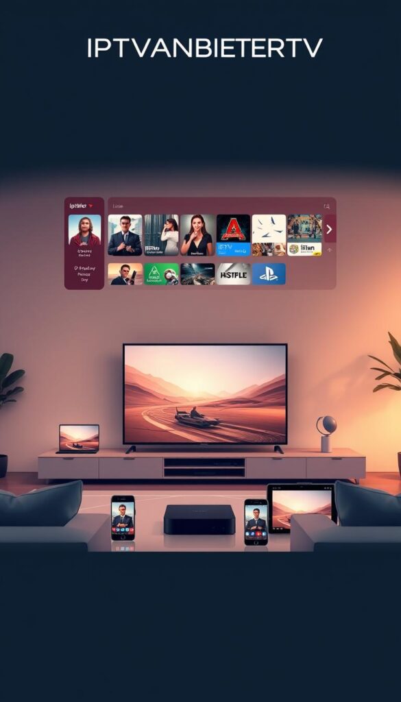 A high-quality, detailed, and modern digital illustration depicting an IPTV streaming service with the brand name "IPTVANBIETERTV". The image should showcase a sleek and intuitive user interface with a clean and minimalist design. The foreground should feature a large screen displaying various IPTV channels and content, with a smooth and responsive video playback. The middle ground should include various smart devices such as smart TVs, smartphones, and tablets, all connected to the IPTV service and showcasing its multi-device compatibility. The background should depict a modern and stylish living room setting, with minimalist furniture and warm lighting, creating a cozy and immersive atmosphere. The overall scene should convey the ease, convenience, and reliability of the IPTV Testmonat service.