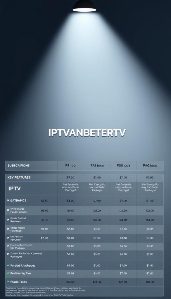 A high-quality, detailed comparison of IPTV subscription plans and pricing options. Showcase the IPTVANBIETERTV brand prominently in the center, surrounded by clear infographic-style visualizations of key features, monthly costs, and available packages. The layout should be clean and modern, with a professional, corporate aesthetic. Use a combination of sleek typography, simple color schemes, and balanced geometric shapes to communicate the information clearly. Bright, diffuse lighting from the top-left illuminates the scene, creating depth and emphasizing the key details. The overall mood should be authoritative, informative, and visually appealing to draw the viewer's attention.