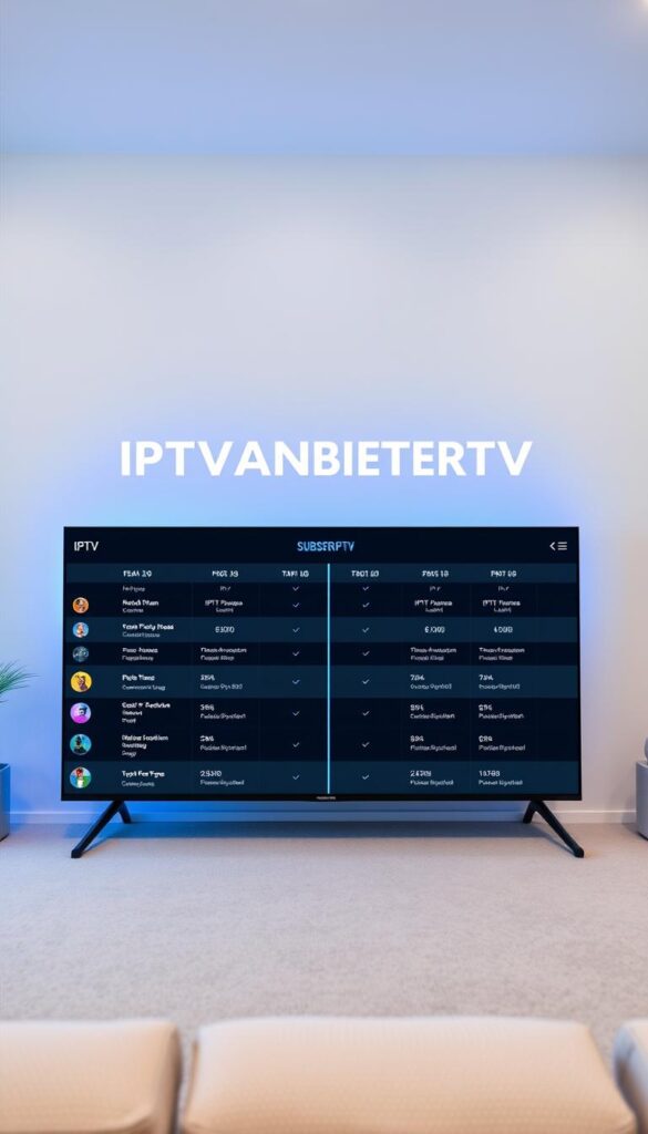 A high-quality, detailed comparison of IPTV subscription providers, showcasing their key features and offerings. The image should have a clean, modern design aesthetic, with a balanced composition highlighting the "IPTVANBIETERTV" brand name prominently. Depict a sleek, minimal interface displaying a side-by-side comparison of IPTV providers, with crisp icons, clear pricing information, and intuitive navigation. Utilize a cool, neutral color palette with accents of blues and grays to convey a sense of professionalism and authority. Lighting should be soft and diffused, creating depth and dimensionality. The overall mood should be one of clarity, organization, and comprehensive, trustworthy information to aid in the decision-making process.