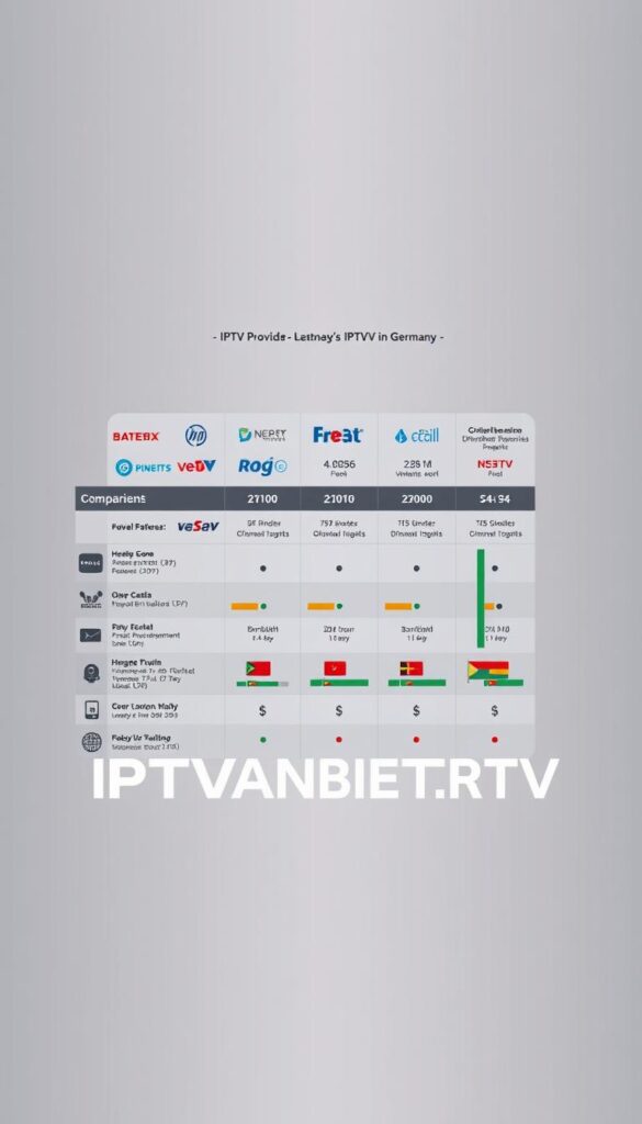 A high-quality, detailed comparison of leading IPTV providers in Germany, showcasing their features, pricing, and customer satisfaction. The image should depict a modern, sleek infographic layout with clean typography, intuitive icons, and a color palette that conveys a sense of professionalism and trustworthiness. The foreground should feature the brand name "IPTVANBIETERTV" prominently displayed, with a grid-like arrangement of provider logos and key service details. The middle ground should include comparative charts and graphs highlighting the providers' service offerings, bandwidth, channel selections, and user ratings. The background should feature a subtle, neutral-toned gradient or pattern that complements the overall design. The lighting should be soft and even, with a slightly muted, professional tone. The image should be captured from a straight-on angle, with a tight, focused composition that draws the viewer's attention to the relevant information.