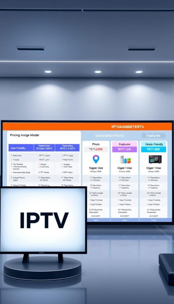 A high-quality, detailed illustration of IPTV pricing models and subscription plans for the IPTVANBIETERTV brand. The scene depicts a sleek, modern interface showcasing various IPTV package options with clear, legible pricing information. The foreground features a large, prominently displayed IPTVANBIETERTV logo along with detailed pricing tiers, subscription lengths, and feature breakdowns. The middle ground shows user-friendly icons and visual representations of the different IPTV plans. The background depicts a minimalist, high-tech environment with subtle product shots and branding elements. The overall mood is professional, informative, and visually appealing, effectively communicating the IPTV service's value proposition.