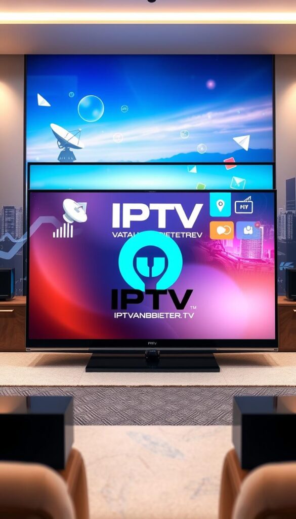 A high-quality, detailed illustration of IPTV technology, depicting a modern smart TV displaying a vibrant, colorful user interface. The foreground showcases the IPTVANBIETERTV brand logo prominently, while the middle ground features various IPTV-related icons and graphics, such as satellite dishes, streaming platforms, and remote controls. The background should have a sleek, futuristic aesthetic with a cityscape or technological landscape, conveying the advanced nature of IPTV. The lighting should be bright and clean, with a hint of warm tones to create a professional, informative atmosphere. The overall composition should be well-balanced, drawing the viewer's attention to the key elements of IPTV technology.