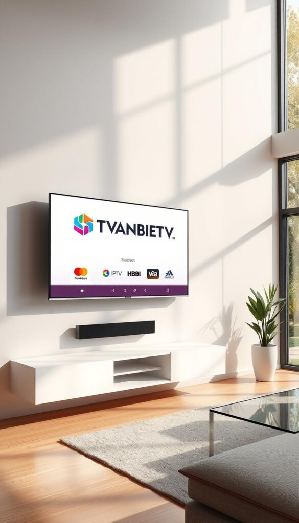 A high-quality, detailed illustration of a modern smart TV displaying the IPTVANBIETERTV brand logo, showcased in a sleek, minimalist living room setting. The TV is mounted on a floating wall unit, with a clean, contemporary design. The room features large windows allowing natural light to pour in, creating a warm, inviting atmosphere. The TV screen displays the IPTVANBIETERTV user interface, highlighting its intuitive navigation and content offerings. The overall scene conveys a sense of technological sophistication and seamless integration of IPTV services into the home entertainment experience.