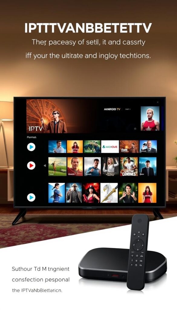 A high-quality, detailed illustration of an Android TV interface showcasing the IPTVANBIETERTV service. In the foreground, a sleek and modern Android TV device is prominently displayed, its screen showing the IPTVANBIETERTV app and its intuitive user interface. The middle ground features a variety of popular IPTV content, including live TV channels, on-demand movies, and sports events, all accessible through the IPTVANBIETERTV app. The background depicts a cozy, inviting living room setting, with comfortable furniture and warm lighting, creating a relaxed atmosphere for the ultimate IPTV viewing experience. The image should convey the ease and convenience of setting up and using the IPTVANBIETERTV service on an Android TV.