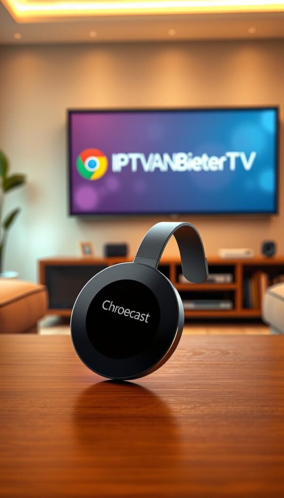 A high-quality, detailed illustration of an IPTV Chromecast device. Showcase the Chromecast device prominently in the foreground, with a sleek, modern design and a shiny, metallic finish. In the background, depict a living room setting with a large, flat-screen TV displaying the IPTVANBIETERTV brand logo. Illuminate the scene with warm, soft lighting to create a cozy, inviting atmosphere. Capture the device from a slightly elevated angle to emphasize its compact, streamlined form factor. Ensure the image conveys the ease and convenience of using IPTV with Chromecast for home entertainment.