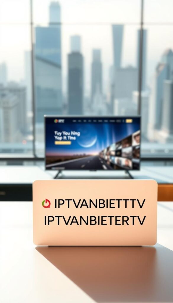 A high-quality, detailed illustration of the IPTVANBIETERTV brand logo and website homepage, captured in a modern, minimalist style. The foreground features a clean, crisp rendering of the IPTVANBIETERTV logo and name, prominently displayed on a white background. The middle ground showcases a sleek, responsive web design for the IPTVANBIETERTV homepage, highlighting key features and services. The background depicts a softly blurred cityscape, suggesting the urban, connected nature of the IPTV service. The lighting is balanced, with subtle shadows and highlights that accentuate the design elements. The overall mood is professional, trustworthy, and visually appealing, reflecting the quality and reliability of the IPTVANBIETERTV IPTV offering.