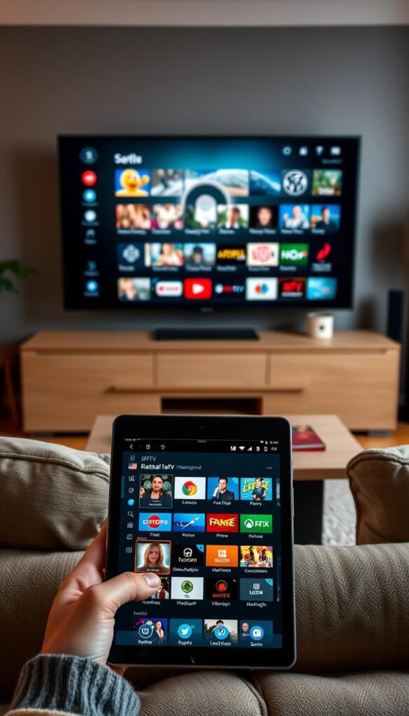 A high-quality, detailed image of "IPTV Deutschland für Expats" featuring a well-designed user interface for the IPTVANBIETERTV service. The scene depicts a modern living room with a large, flat-screen TV displaying a sleek IPTV interface showcasing a diverse selection of international channels. The middle ground features a tablet or smartphone displaying the IPTVANBIETERTV app, highlighting its intuitive navigation and content curation tailored for expats in Germany. The background depicts a cozy, well-lit interior with stylish furnishings, creating a comfortable and inviting atmosphere. The lighting is soft and natural, emphasizing the premium quality of the IPTV service. The overall composition conveys the convenience, flexibility, and cultural enrichment that IPTVANBIETERTV offers for expats living in Deutschland.