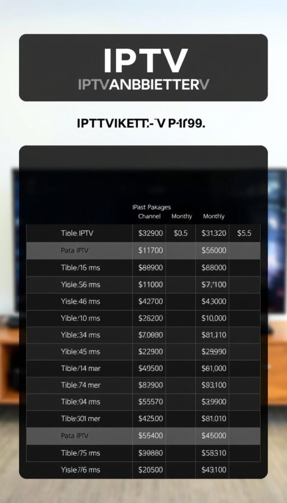 A high-quality, detailed image of "IPTV Paket Preise" showcasing the wide range of IPTV packages and their associated costs. The image should have a clean, modern aesthetic with a focus on showcasing various IPTV packages and their pricing information. The foreground should feature a sleek, minimal design highlighting the IPTVANBIETERTV brand logo, package names, and their corresponding prices. The middle ground should include a grid or tabular layout displaying the different IPTV package options, their channel counts, and monthly subscription fees. The background should have a subtle, blurred gradient or texture that complements the overall design. The lighting should be soft and evenly distributed, creating a professional and informative presentation.