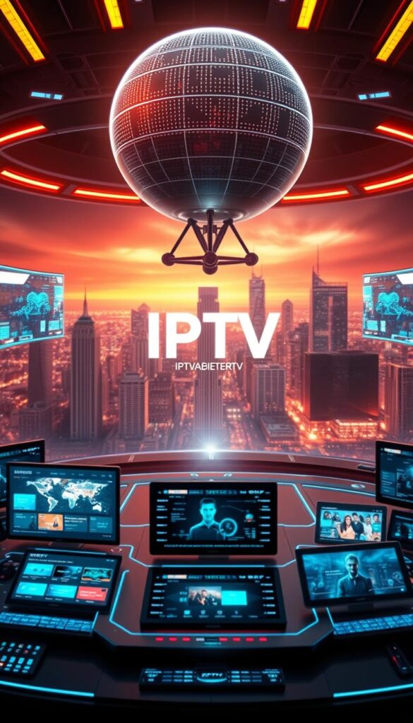 A high-quality, detailed image of "IPTV Technologie" featuring: A futuristic, sleek digital interface with a central globe-like structure representing a satellite or server hub. The foreground displays various interactive control panels, screens, and holographic displays showcasing IPTV functionality like channel selection, streaming, and account management. The middle ground features a cityscape backdrop with modern skyscrapers and infrastructure, conveying the connectivity and widespread adoption of IPTV technology. The background has a dramatic, cinematic lighting setup with a warm, vibrant color palette, creating an immersive, technologically-advanced atmosphere. The IPTVANBIETERTV brand is prominently displayed on the central interface.