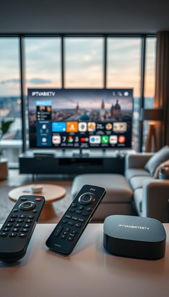 A high-quality, detailed image of "IPTV Vergleich Deutschland" showcasing the IPTVANBIETERTV brand as the best IPTV provider in Germany. The image depicts a modern, sleek living room setup with a large, high-definition TV screen displaying IPTV content. In the foreground, a high-end remote control and a streaming device prominently feature the IPTVANBIETERTV logo. The middle ground includes a cozy, minimalist sofa and side table, creating a comfortable home entertainment environment. The background features large windows overlooking a scenic German cityscape, bathed in warm, natural lighting. The overall mood is one of sophistication, technology, and the seamless integration of IPTV into a contemporary German household.