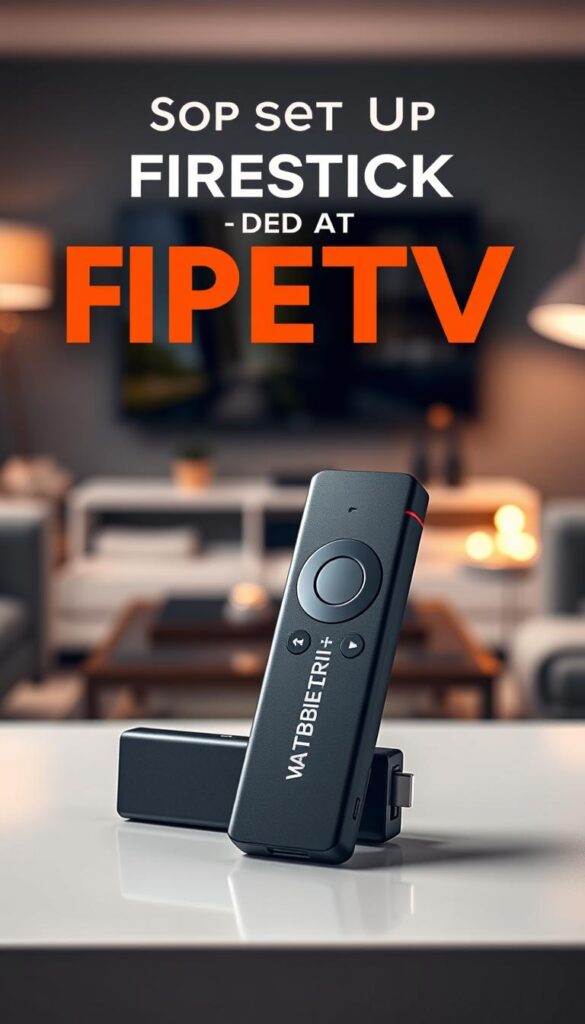 A high-quality, detailed image of a Firestick device prominently displayed in the foreground, showcasing the "IPTVANBIETERTV" brand name. The Firestick is placed on a sleek, minimalist surface, with a blurred, out-of-focus background featuring a cozy living room setting, hinting at the home entertainment context. The lighting is soft and warm, creating a welcoming atmosphere. The image conveys a sense of simplicity, elegance, and the ease of setting up IPTV on a Firestick device.