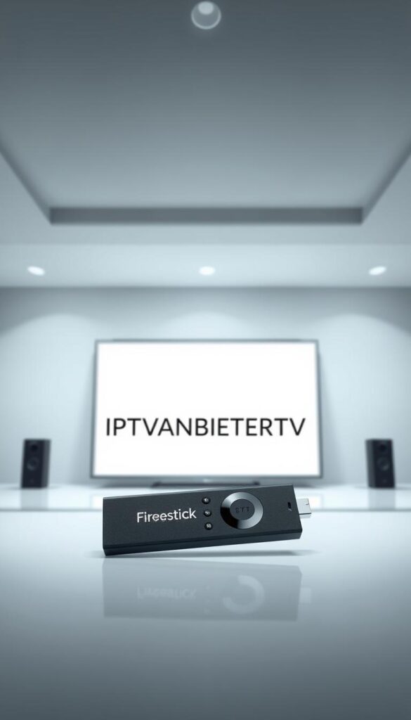 A high-quality, detailed image of a Firestick device prominently displaying the IPTVANBIETERTV brand name. The device is showcased in a clean, well-lit setting with a modern, minimalist background. The Firestick appears sleek and advanced, conveying a sense of reliable performance and seamless integration with IPTV services. The scene exudes a professional, technology-forward atmosphere, highlighting the versatility and multi-device support of the IPTVANBIETERTV IPTV platform.