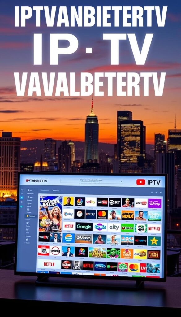 A high-quality, detailed image of a modern IPTV service with a vast channel selection. The scene depicts the IPTVANBIETERTV homepage against a backdrop of a city skyline at dusk, with a warm, inviting color palette. In the foreground, a clean, responsive web interface showcases the breadth of channels available, conveying a sense of abundance and variety. The layout is sleek and visually appealing, with clear categorization and intuitive navigation. Subtle lighting from the screen illuminates the scene, creating a sense of depth and atmosphere. The overall composition emphasizes the extensive programming options and the user-friendly platform, positioning IPTVANBIETERTV as a premier IPTV provider.